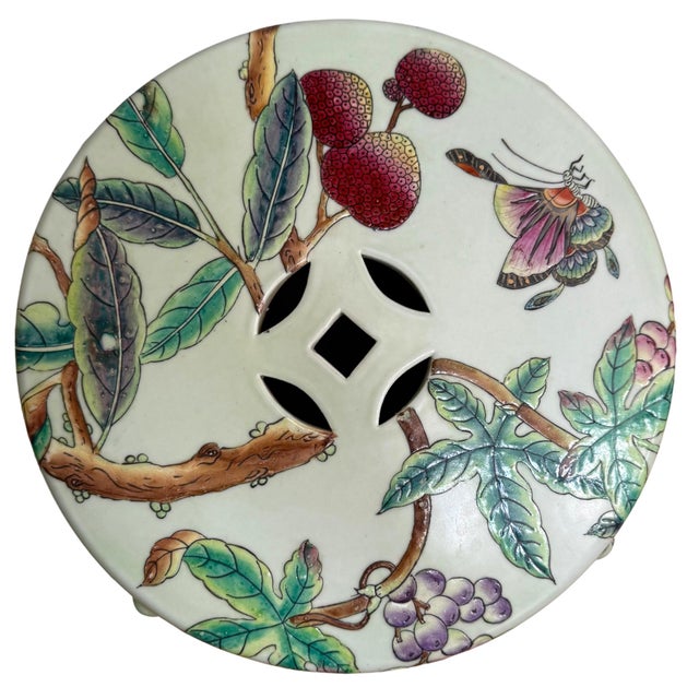 Vintage Hand-Painted Famille Rose Lychee & Grape Porcelain Garden Stool For Sale In San Diego - Image 6 of 8