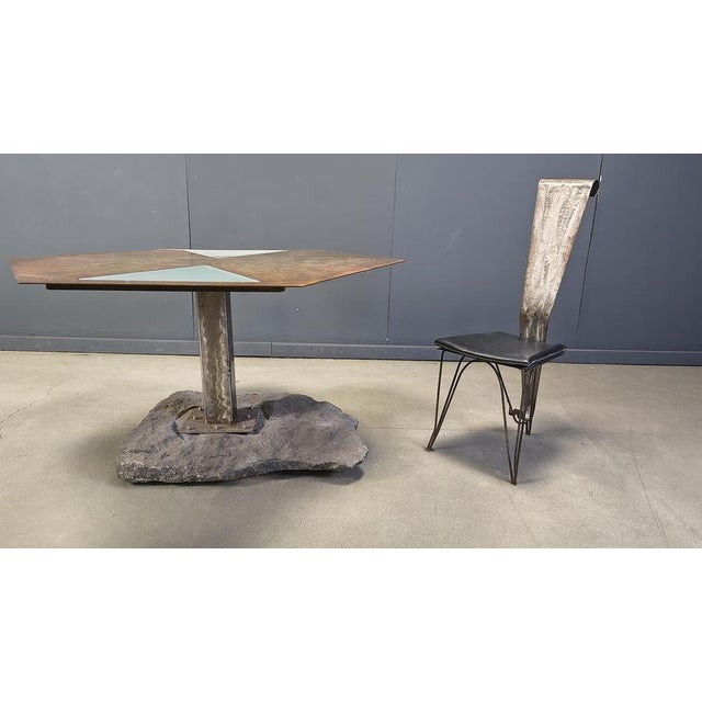 Hand Crafted Steel and Stone Dining Set with Glass, 1970s, Set of 5 For Sale - Image 11 of 18