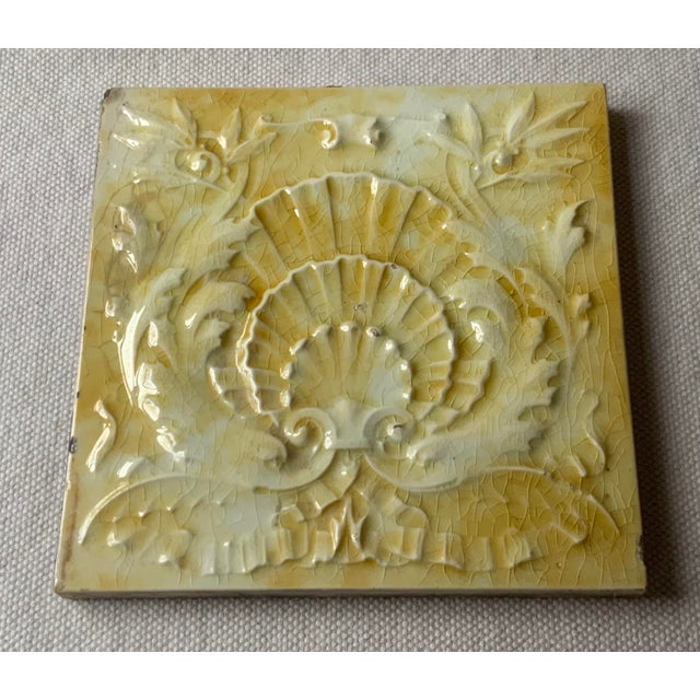 Mid 19th Century Rare Cambridge Tile Works Victorian Seashell Tile in Luminous Yellow Glaze, C. 1850 For Sale - Image 5 of 14