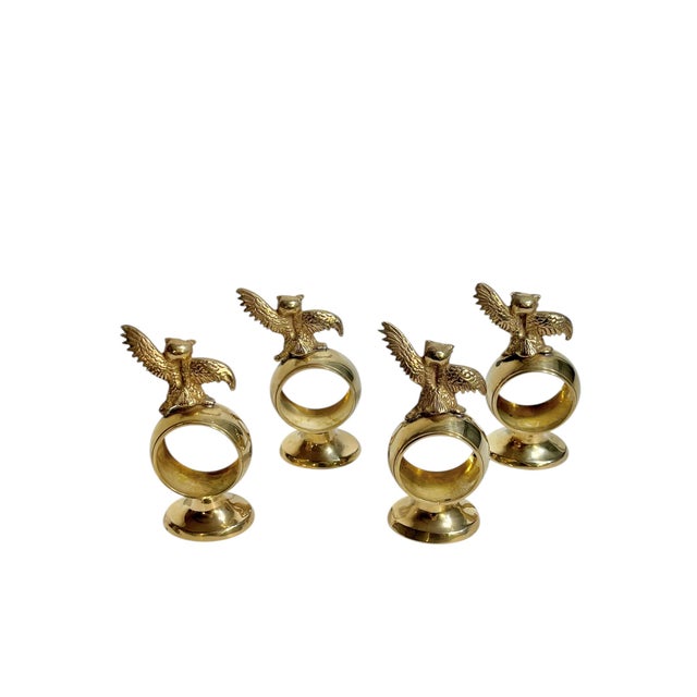 Vintage Hollywood Regency Brass Owl Napkin Rings – Set of 4 For Sale - Image 4 of 12