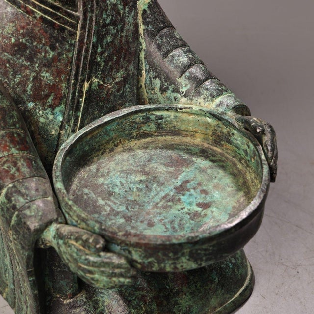 Mid 20th Century Ancient Chinese Bronze Kneeling Figure Lamp Base With Inscription – Ritual Oil Lamp Stand Sculpture For Sale - Image 5 of 10