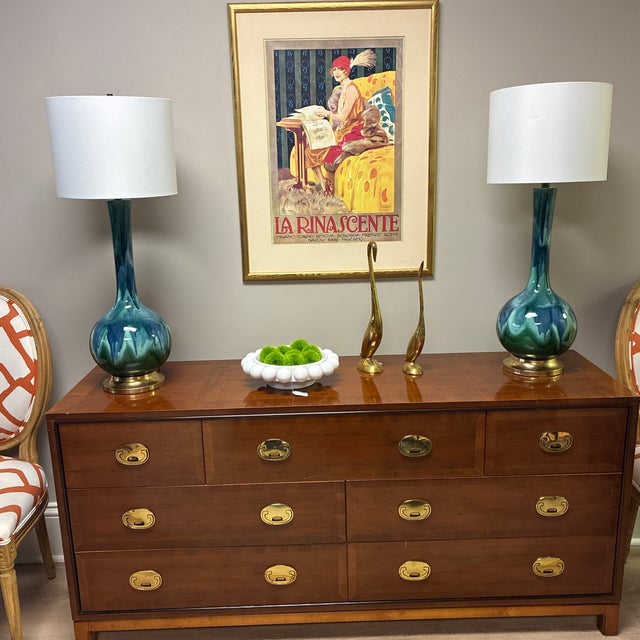 1960s Mid-Century Modern Royal Haeger Style Drip Blue Green Glaze Lamp For Sale In Providence - Image 6 of 6