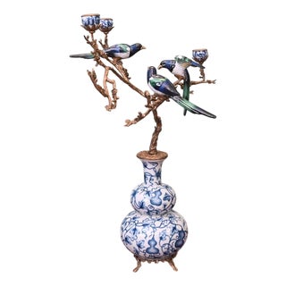 Blue and White Porcelain Candleholder in Exotic Bird Branch Shape For Sale