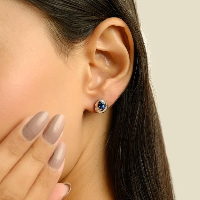 English Vintage Style 1.27 Ct Blue Sapphire & Diamond Stud Earrings in 14k White Gold For Sale - Image 3 of 16