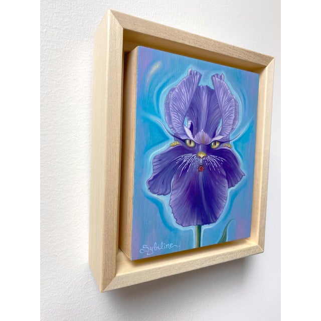 Contemporary Feline Natura by Sybiline | Oil on Wood Cat Face Merged with Purple Iris Flower For Sale - Image 3 of 3