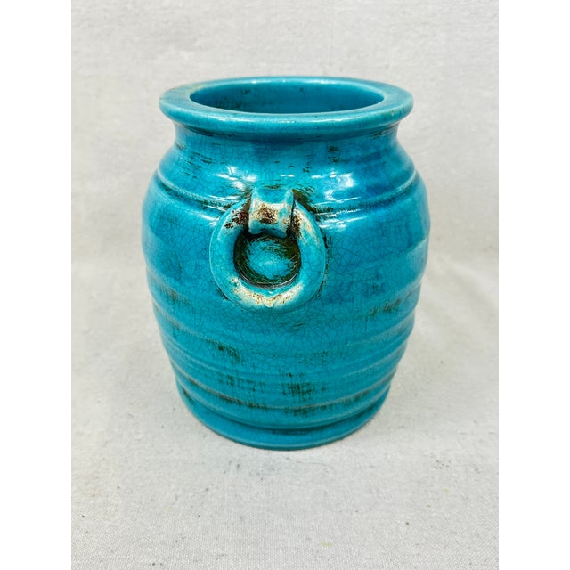 Shabby Chic Turquoise Ceramic Crock With Handles For Sale - Image 3 of 8