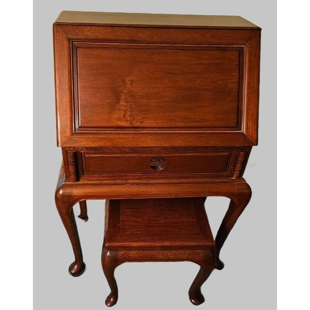 Wood Vintage 1960s Chinese Queen Anne Rosewood Drop Front Secretary Desk W Stool For Sale - Image 7 of 13