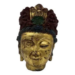 Antique Tibetan Cast Iron Buddha Head With Polychrome Decoration