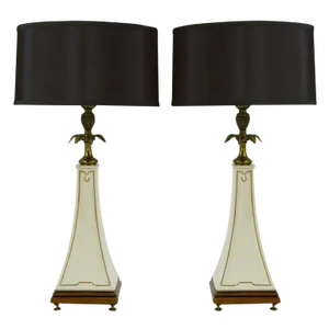 Stiffel Porcelain Obelisk & Decorative Brass Table Lamps - a Pair
