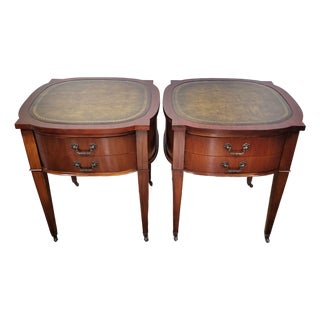 Pair Vintage American 20th C Mahogany & Leather Night End Tables by Paine For Sale