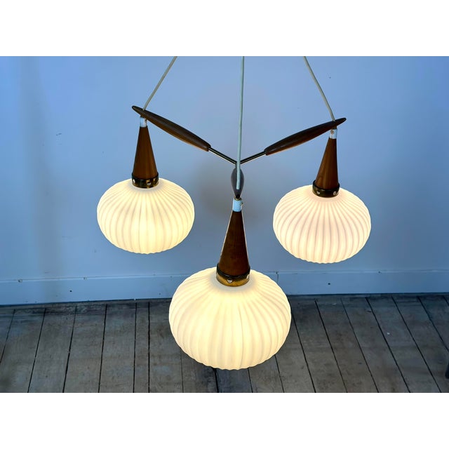 Vintage Scandinavian Chandelier in Brass, Glass, and Teak from Louis Kalff, 1960s For Sale - Image 10 of 12