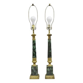 Vintage French Empire Style Green Painted Porcelain Column Table Lamps - A Pair For Sale