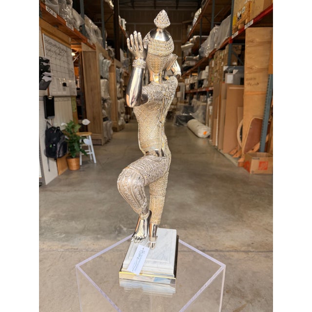 Early 21st Century Theodore Alexander Nickel Brass Temple Dancer With Marble Base For Sale - Image 5 of 6