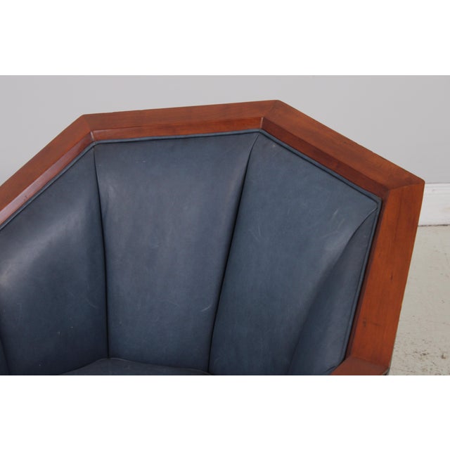 Wood Pair of Stickley Cherry Blue Leather Club Chairs For Sale - Image 7 of 15