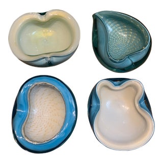 Curated Collection of Murano Art Glass Bowls by Alfredo Barbini in Shades of Blue Set of 4 For Sale