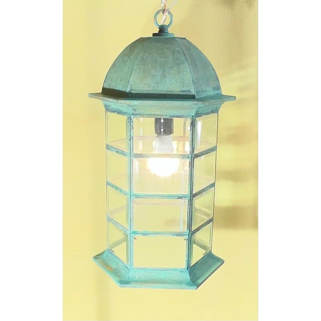 Vintage Solid Brass Hexagonal Hanging Lantern – Verdigris Patina 20”h X 11”w For Sale - Image 12 of 12