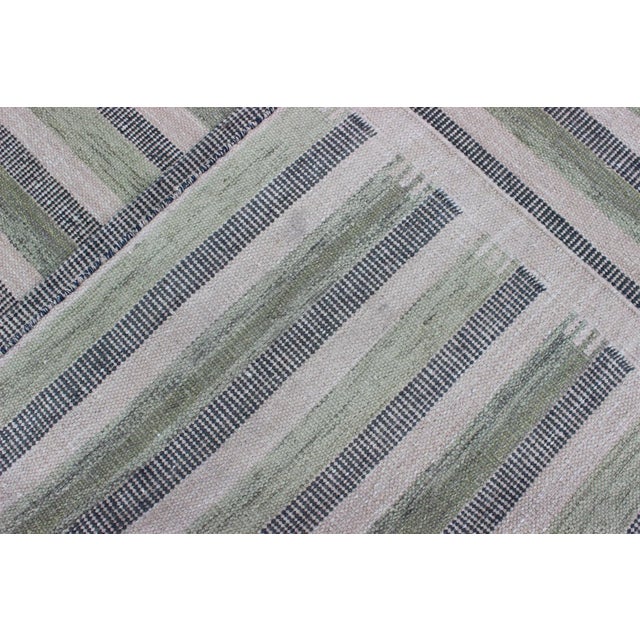 2020s Scandinavian Design Flat-Weave Rug With Striped Design in Charcoal and Green For Sale In Atlanta - Image 6 of 7