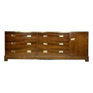 Mid Century Campaign Modern Long Brass Walnut Chest by Milo Baughman for Directional For Sale