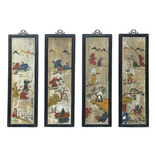 Vintage Porcelain Color Eight Immortal 4 Pieces Framed Wall Plaque Panel Set For Sale