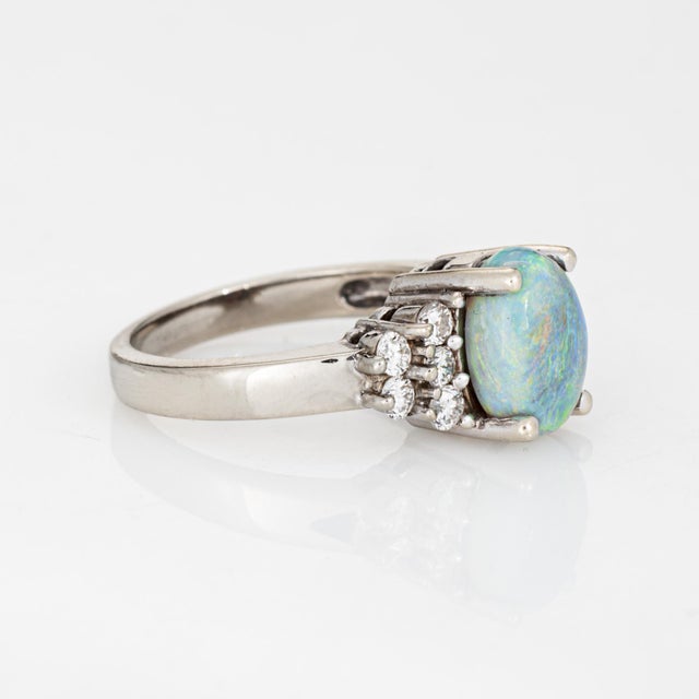 Modern Natural Semi Black Opal Diamond Ring Vintage 14k White Gold Fine Jewelry Sz 6.5 For Sale - Image 3 of 7