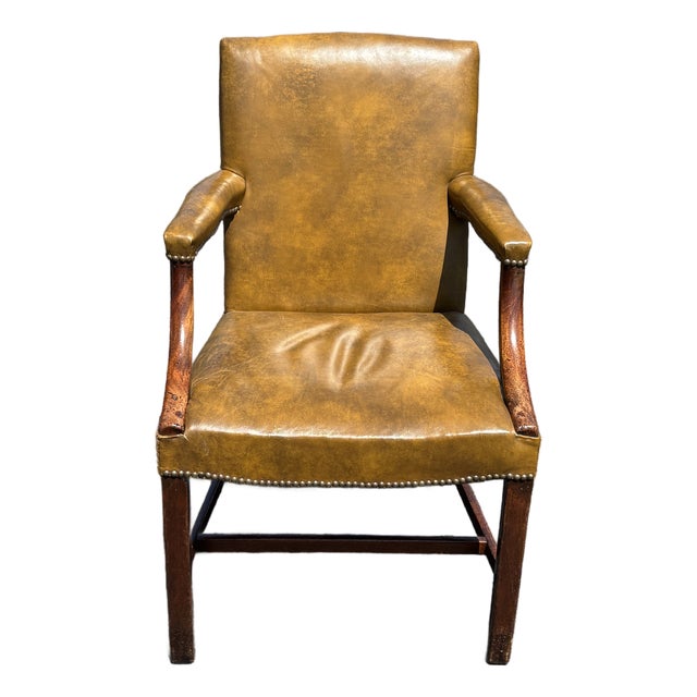 Very Fine 19th C. Georgian Style Leather Arm Chair in Ochre / Mustard / Green For Sale