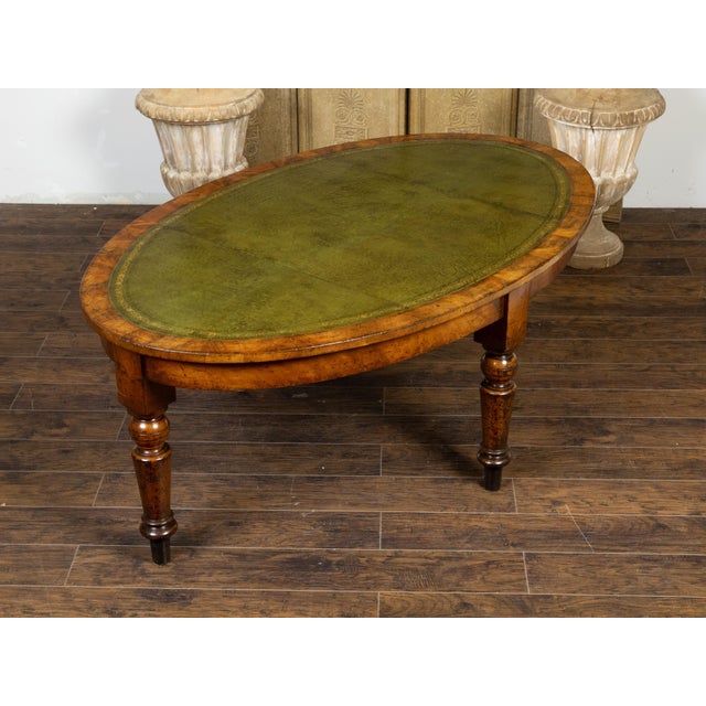 English 19th Century Mahogany Table with Green Leather Oval Top and Turned Legs For Sale In Atlanta - Image 6 of 12