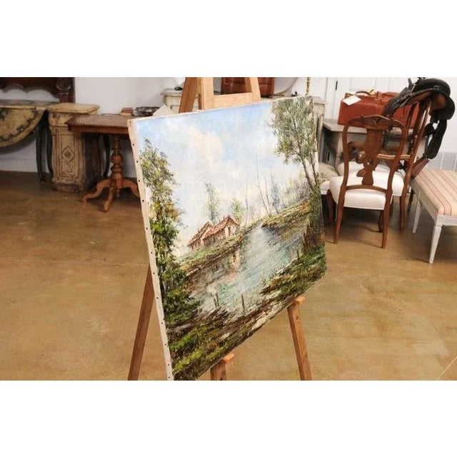 19th Century Austrian Oil Painting Depicting a Hamlet Along a Stream by Anton Brioschi For Sale - Image 9 of 11