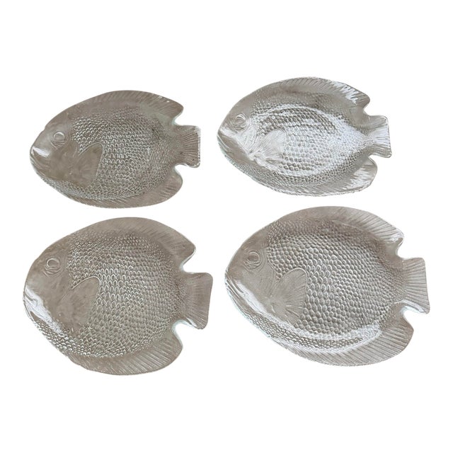 Vintage Arcoroc France Clear Glass Fish Plates - Set of 4 For Sale