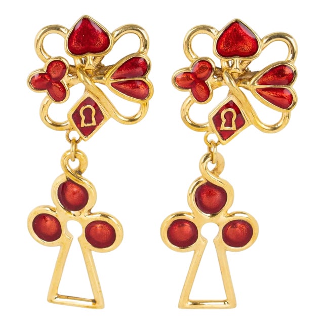 Rochas Gilded Metal and Red Enamel Clip Earrings For Sale