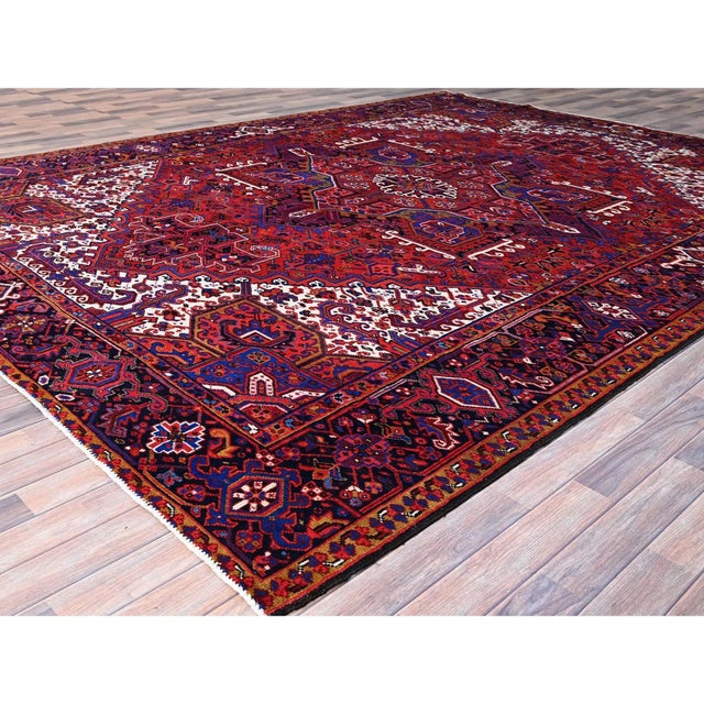 Textile 1960 10'x12'9" Berry Red Pure Wool Tribal Weaving Vintage Persian Heriz Oriental Rug For Sale - Image 7 of 12