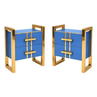 Cornflower Blue Glass Nightstands with Brass Frames and Drawers from Justfurnituress SRL, Set of 2 For Sale