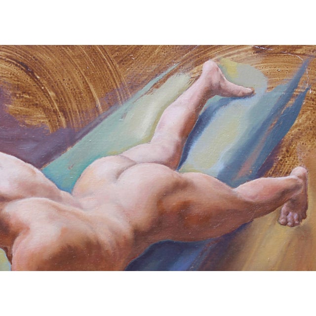 This oil on panel artwork depicts a nude figure reclining on a surface, captured from a bird's-eye view. The warm,...