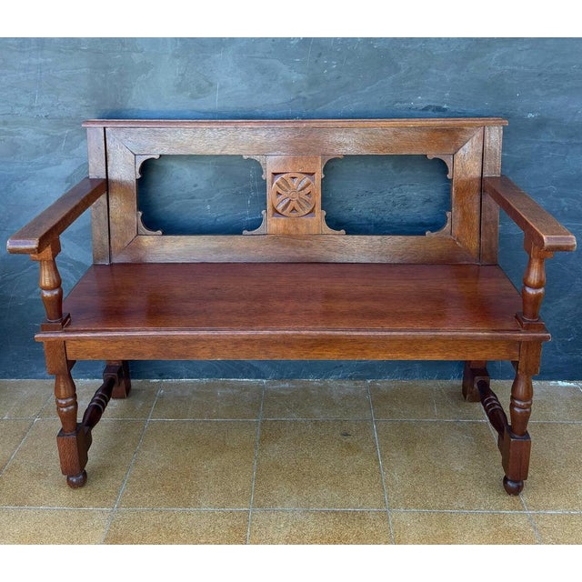 Vintage Spanish Castilian Style Oak Bench, 1920 For Sale - Image 3 of 11