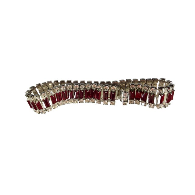 Metal Delicate White Gold Tone Bracelet W/ Faux Ruby Baguette Stones and Diamond For Sale - Image 7 of 8