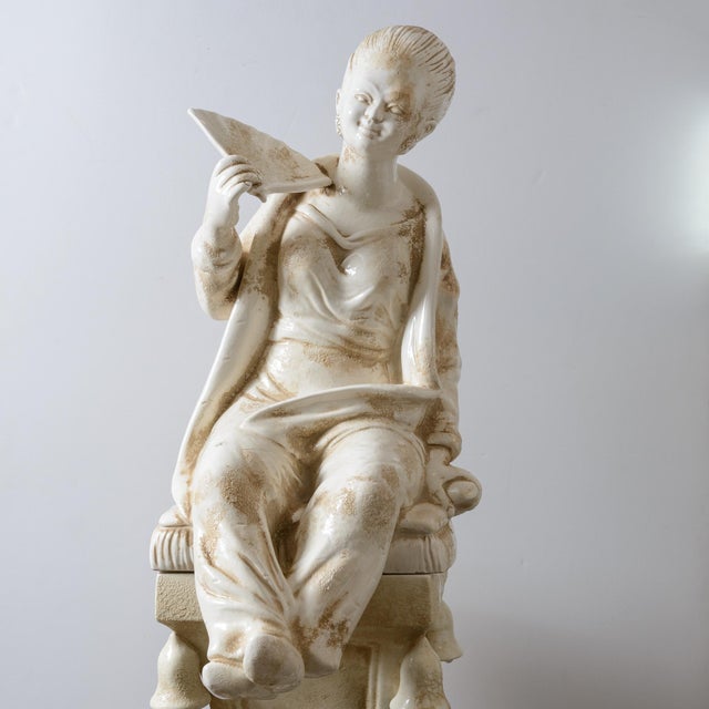 1960s Italian Glazed Terracotta Chinoiserie Monumental Figures on Pedestals For Sale - Image 5 of 16