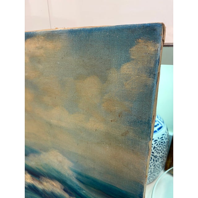 Vintage Moody Coastal Seascape Oil Painting With Dory in Rough Seas Ocean For Sale - Image 12 of 14