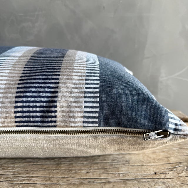Not Yet Made - Made To Order Designer Lumber Pillow in Blue Tan & White Stripe Includes Down Feather Insert For Sale - Image 5 of 6