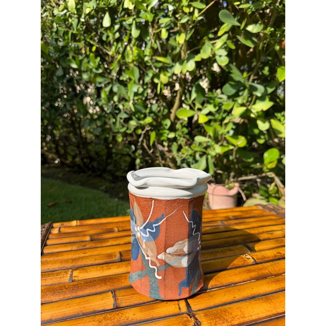 Signed 6.5” Terracotta Studio Pottery Vase With Sculptural Wavy Rim For Sale In Naples, FL - Image 6 of 10