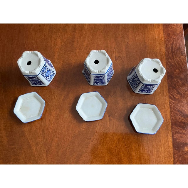 Blue Blue & White Petite Hexagonal Floral PlantersWith Marching Drip Trays Set of 3 For Sale - Image 8 of 9