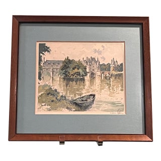 Late 20th Century Hans Figura Signed Aquatint Etching French Chateau Castle River Boat Framed For Sale