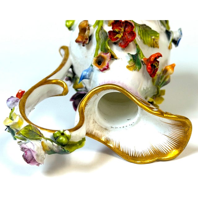 19th Century Meissen Applied Floral Porcelain Perfume Ewer Original Stopper, Germany, 1875 For Sale - Image 5 of 17