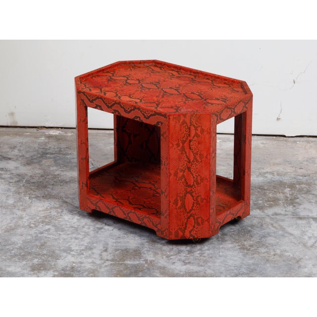 Attributed Karl Springer 1970s Midcentury Octagonal Bar Cart With Red Snakeskin Finish For Sale - Image 11 of 11