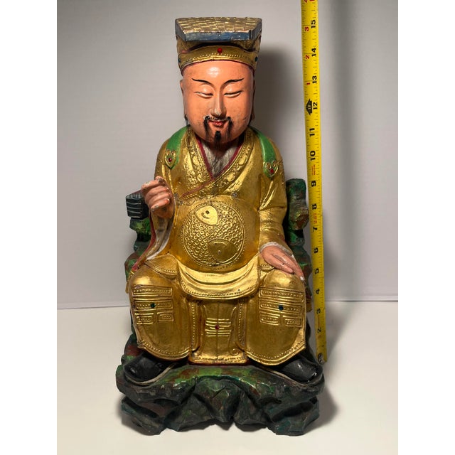 Vintage Chinese Daoist Fuxi Polychrome Gilt Wood Sculpture With Consecration Cavity For Sale - Image 10 of 13