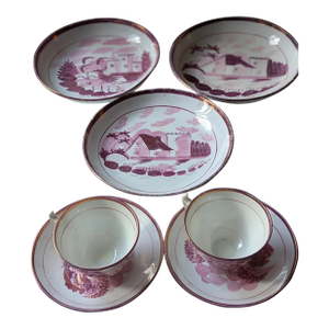 Pink Sunderland Lustreware in Rare House Pattern; 7 Pieces; Mid 19th Century