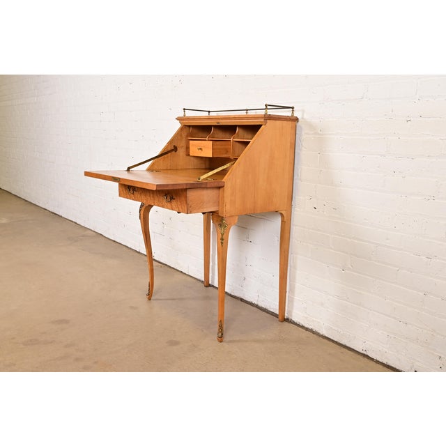 Brown Baker Furniture Style Antique French Provincial Louis XV Birdseye Maple Drop Front Secretary Desk With Mounted Brass Ormolu, Circa 1890s For Sale - Image 8 of 18