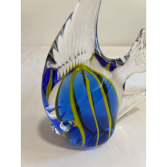 Mid 20th Century Vintage Blown Art Glass Fish Sculpture – Blue & Yellow Striped For Sale - Image 5 of 11