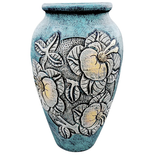 Art Deco 1980's Incised Turquoise Yellow Botanical Themed Hand-Thrown Studio Pottery Planter Vessel For Sale - Image 3 of 10