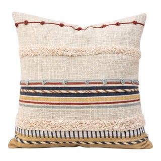 Rust & Indigo Textured Stripe Embroidered Cushion Cover For Sale