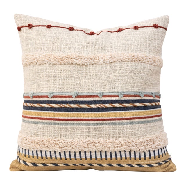 Rust & Indigo Textured Stripe Embroidered Cushion Cover For Sale