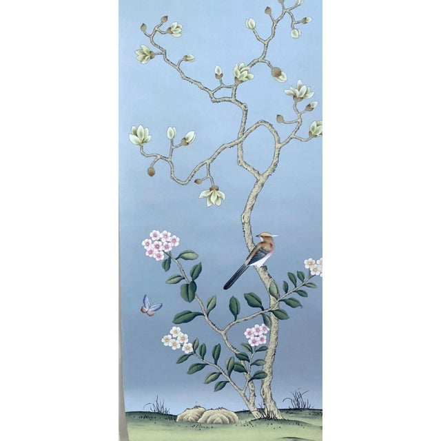 Not Yet Made - Made To Order Hand Painted Soft Blue Chinoiserie Magnolia & Bird Mural 3-Panel Set For Sale - Image 5 of 6